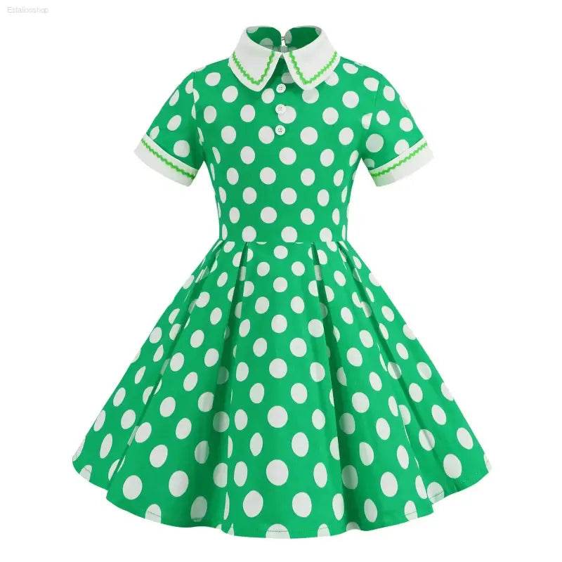 Kids Girls Vintage Dress Easter Polka Dots Print Dress Daily Birthday Dress Short Sleeve Perter Pan Collar 1950s Princess Dress - Estalios