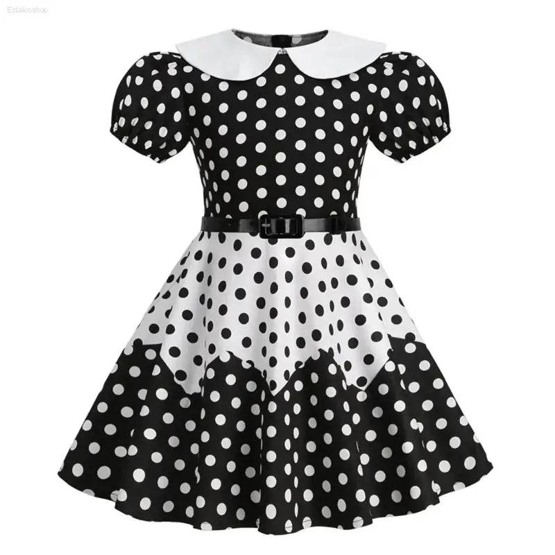 Kids Girls Vintage Dress Easter Polka Dots Print Dress Daily Birthday Dress Short Sleeve Perter Pan Collar 1950s Princess Dress - Estalios