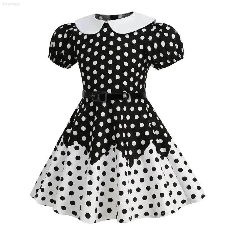 Kids Girls Vintage Dress Easter Polka Dots Print Dress Daily Birthday Dress Short Sleeve Perter Pan Collar 1950s Princess Dress - Estalios