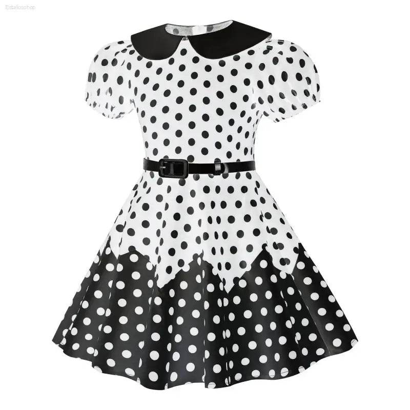 Kids Girls Vintage Dress Easter Polka Dots Print Dress Daily Birthday Dress Short Sleeve Perter Pan Collar 1950s Princess Dress - Estalios