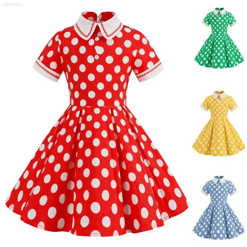 Kids Girls Vintage Dress Easter Polka Dots Print Dress Daily Birthday Dress Short Sleeve Perter Pan Collar 1950s Princess Dress - Estalios