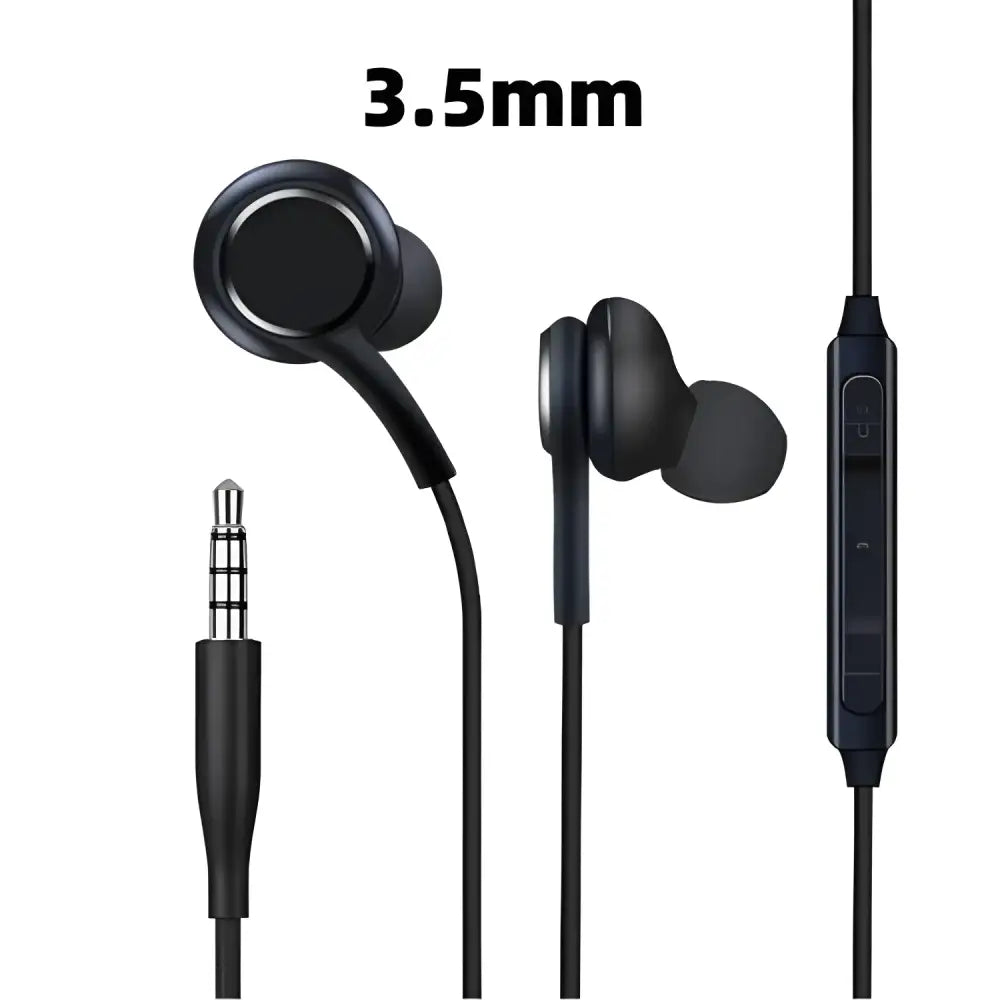 Black wired earbuds with 3.5mm jack for Samsung Galaxy S23, perfect for noise cancelling