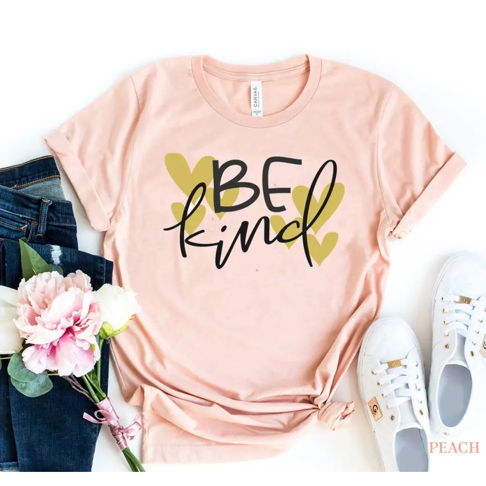 Peach t-shirt with BE kind text, part of Kind Vibes Deep Heather Tees collection