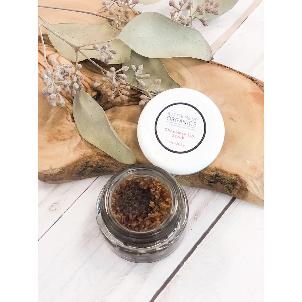 Organic Chocolate Lip Scrub in a jar, perfect for banishing flaky chapped lips