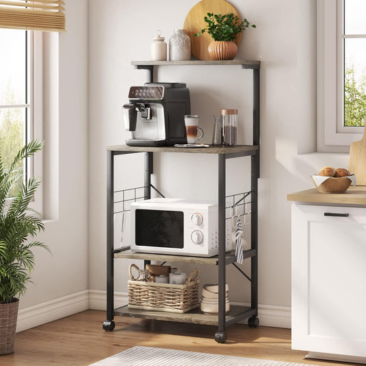 Kitchen Bakers Rack Microwave Stand with 10 Side Hooks - Estalios