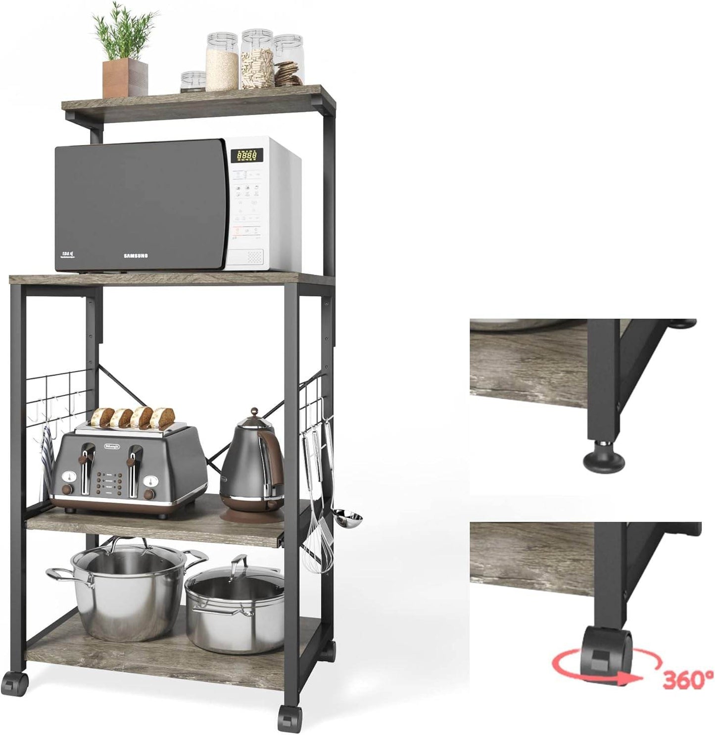 Kitchen Bakers Rack Microwave Stand with 10 Side Hooks - Estalios