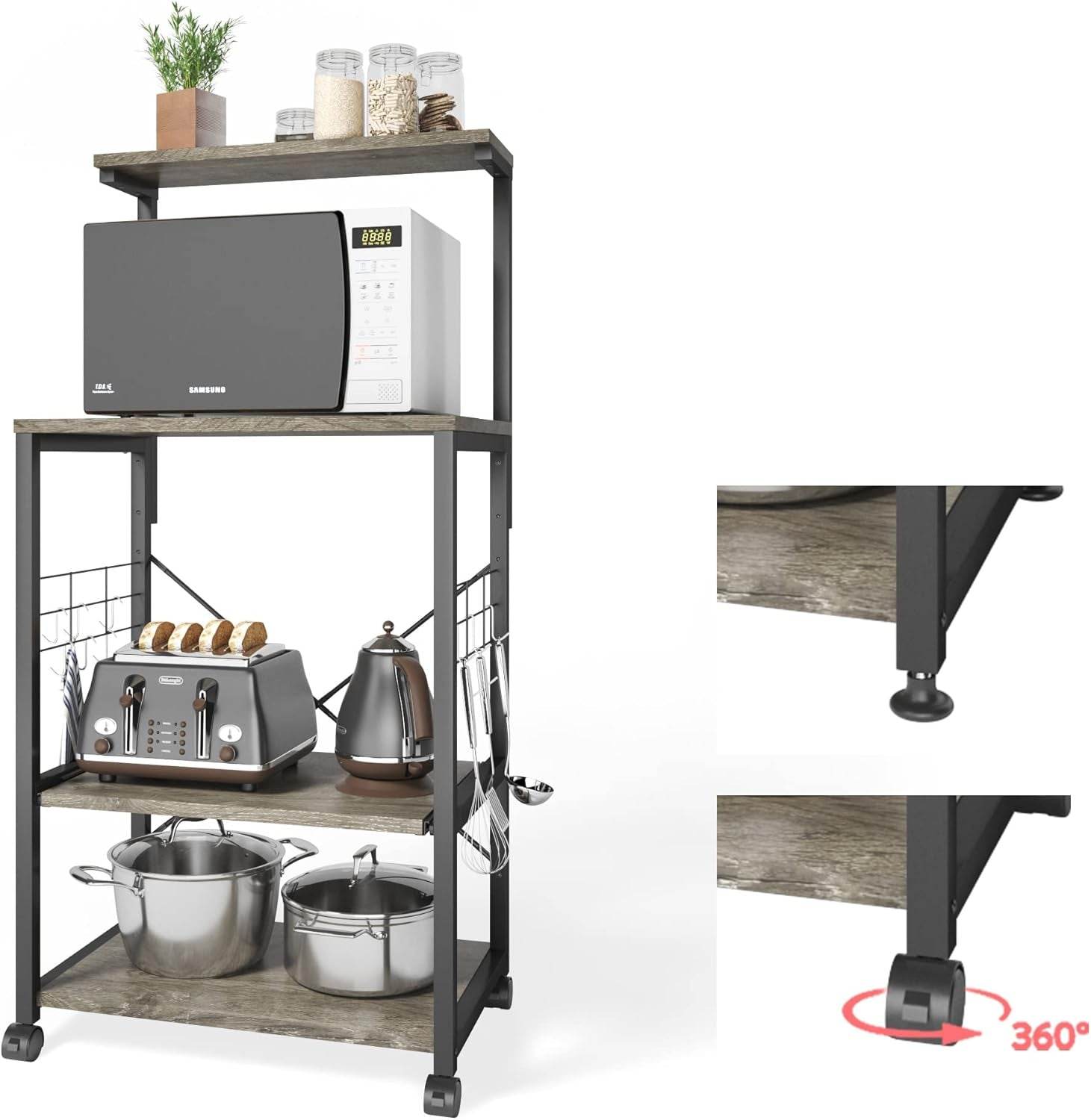 Kitchen Bakers Rack Microwave Stand with 10 Side Hooks - Estalios