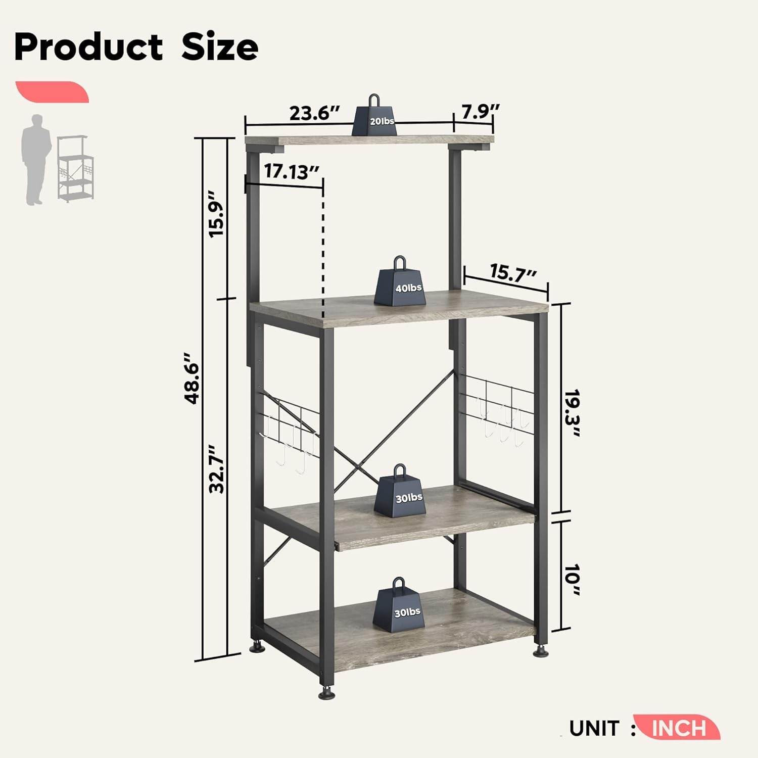 Kitchen Bakers Rack Microwave Stand with 10 Side Hooks - Estalios