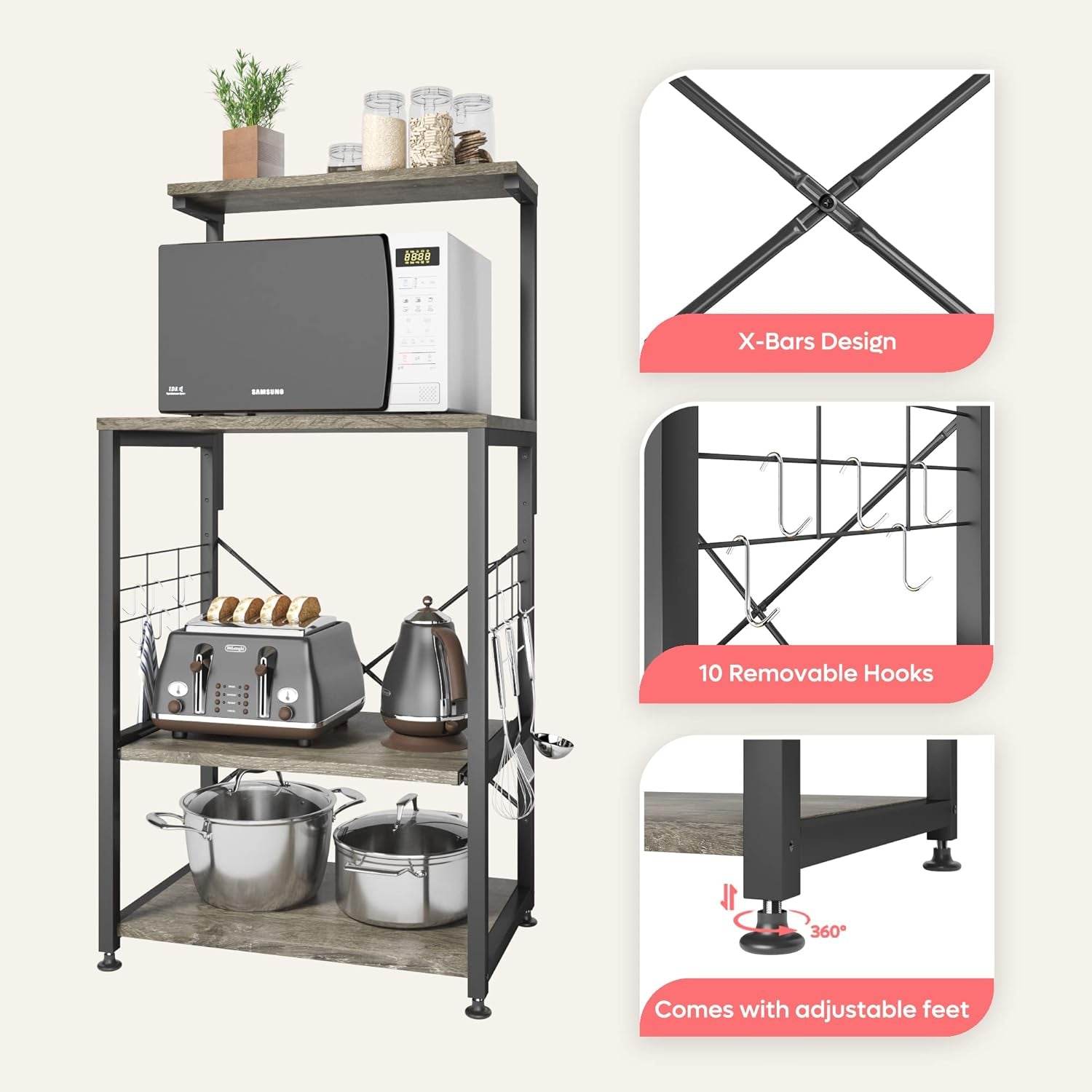 Kitchen Bakers Rack Microwave Stand with 10 Side Hooks - Estalios