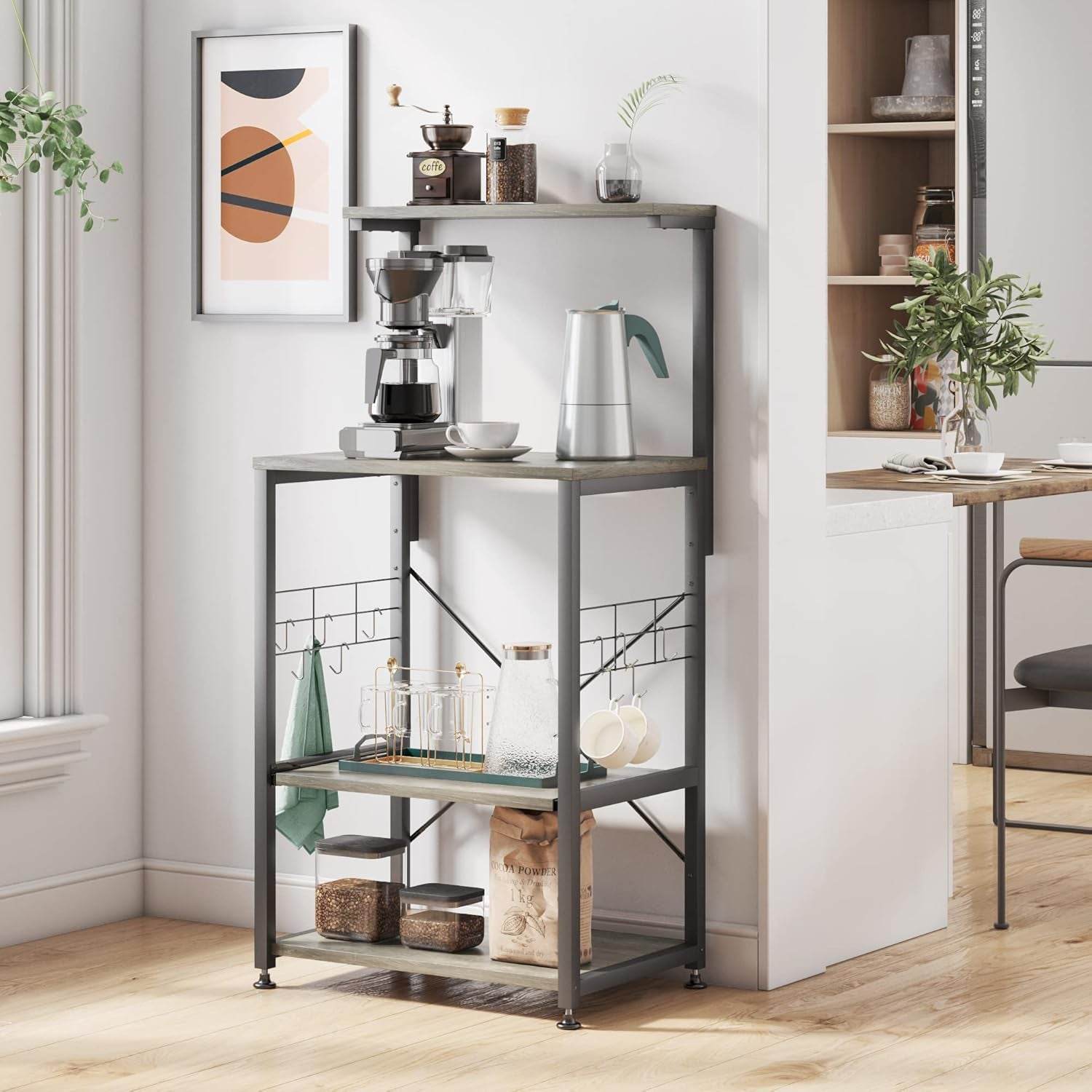 Kitchen Bakers Rack Microwave Stand with 10 Side Hooks - Estalios