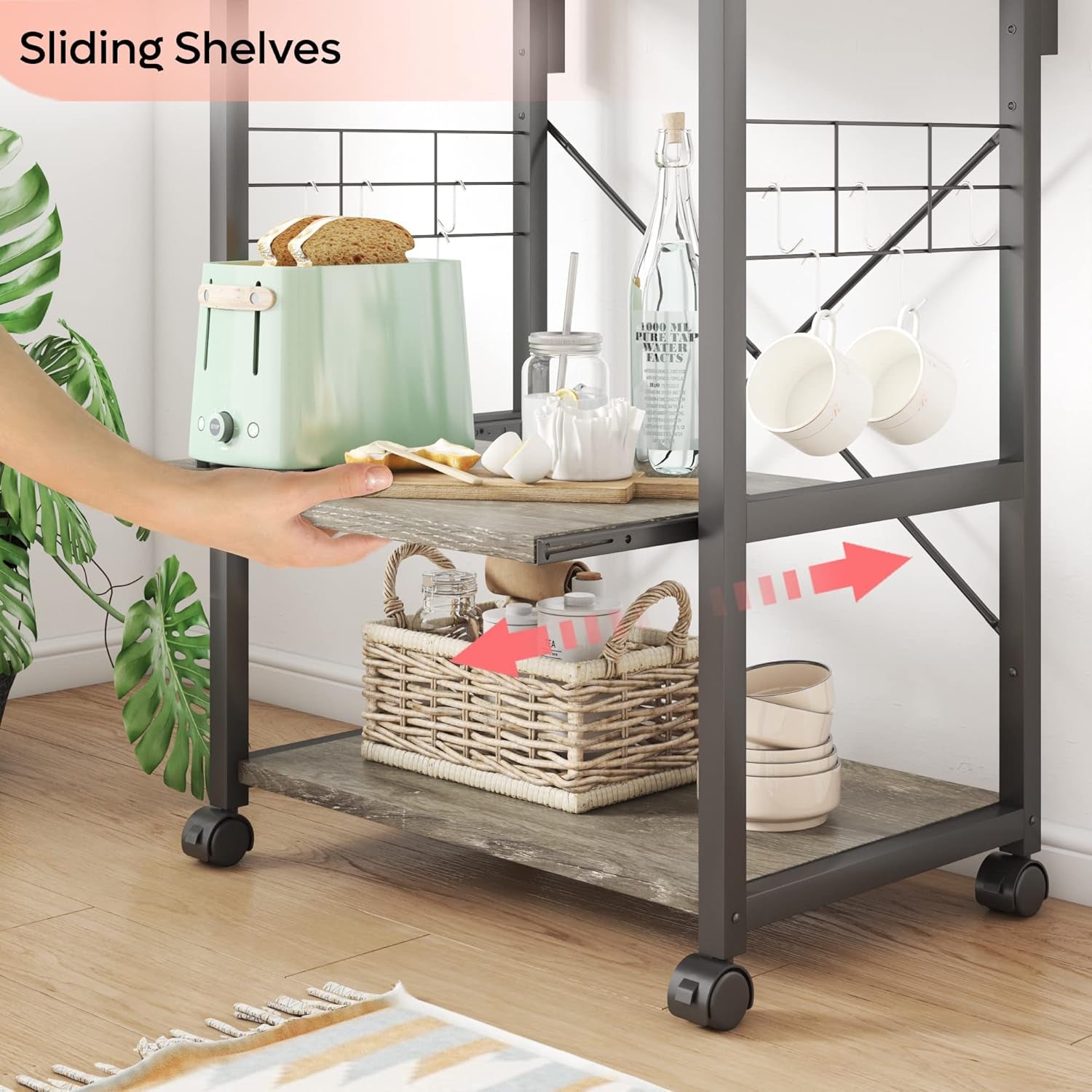 Kitchen Bakers Rack Microwave Stand with 10 Side Hooks - Estalios