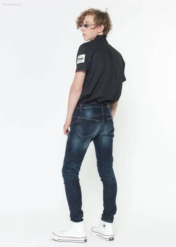 Konus Men's Skinny Jeans w/ Repair Work in Sky Blue - Estalios