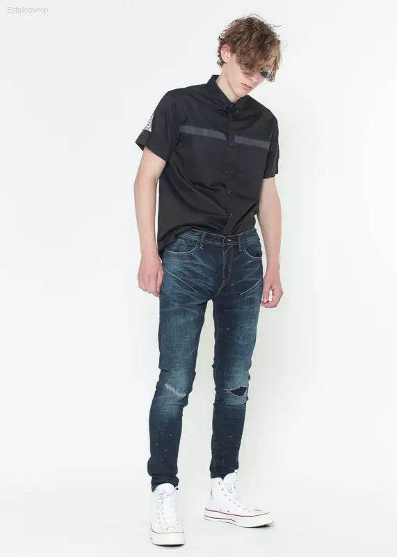 Konus Men's Skinny Jeans w/ Repair Work in Sky Blue - Estalios