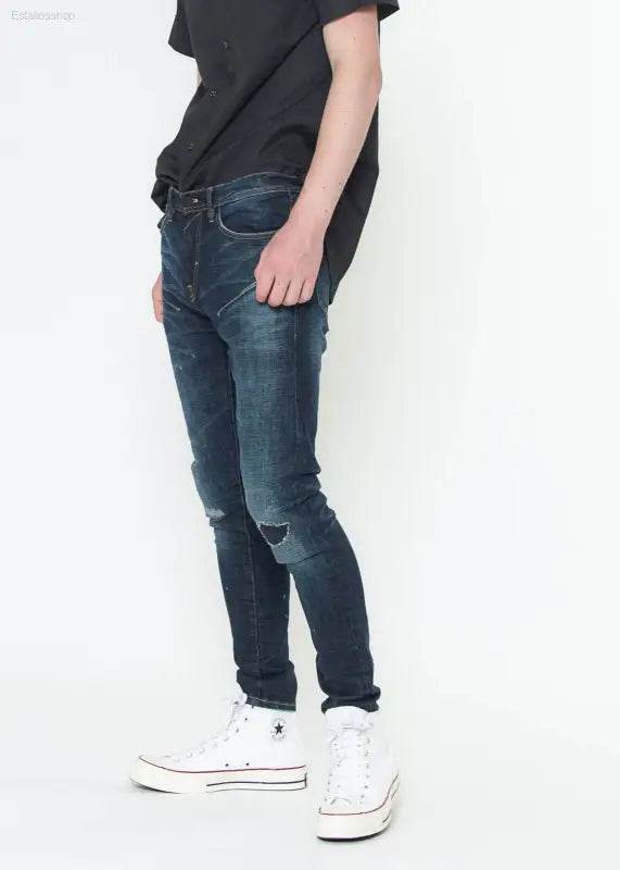 Konus Men's Skinny Jeans w/ Repair Work in Sky Blue - Estalios