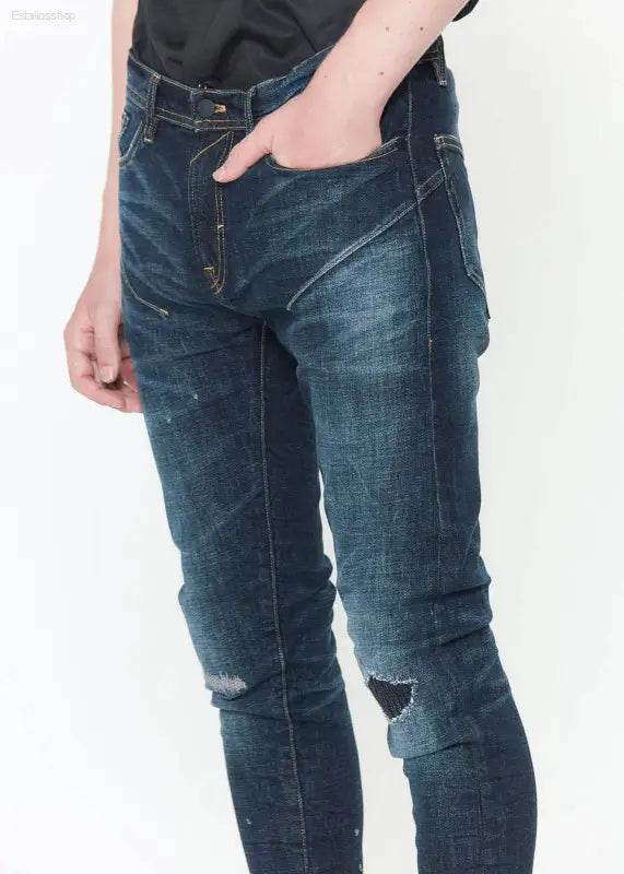 Konus Men's Skinny Jeans w/ Repair Work in Sky Blue - Estalios