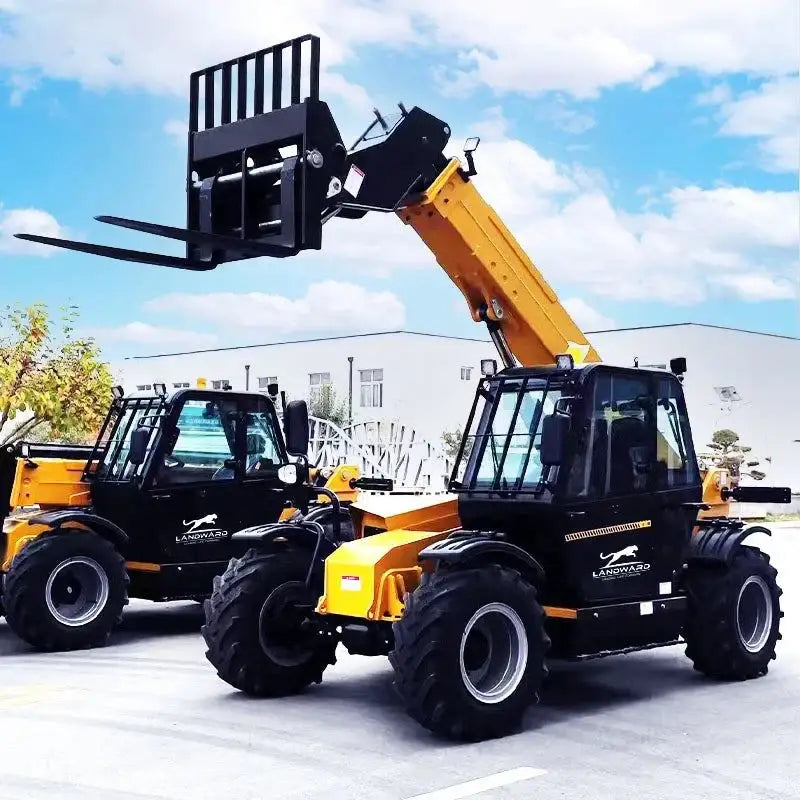 Two yellow and black telehandlers from Landward, a powerful telescopic forklift