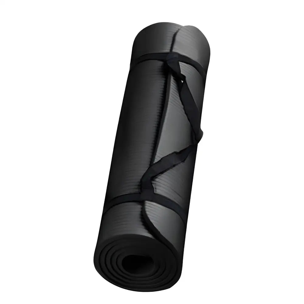 Rolled black yoga mat with straps perfect for large size slip yoga fitness sessions