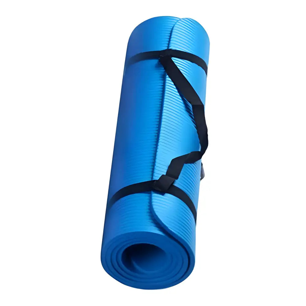 Rolled blue yoga mat with black straps in large size slip design for fitness workouts