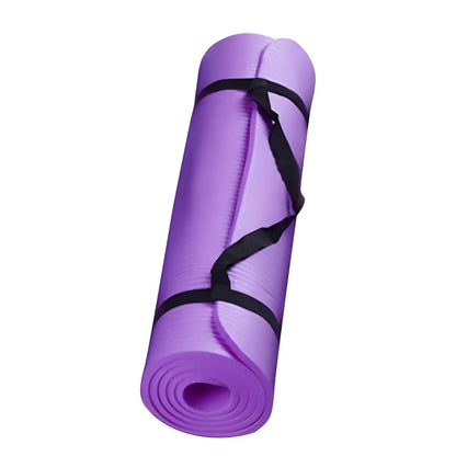 Rolled purple yoga mat with black straps for a large size slip yoga workout