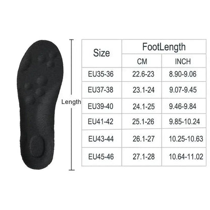 Shoe insole size chart for Latex Sport Insoles with high elasticity latex features