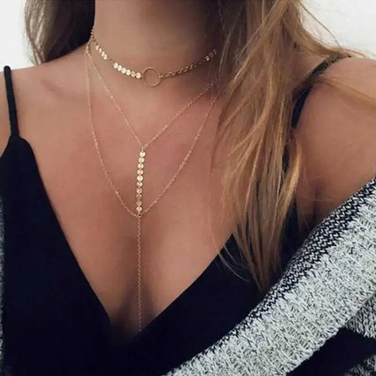 Layered Lariat Choker Necklace Set - Gold - Necklaces