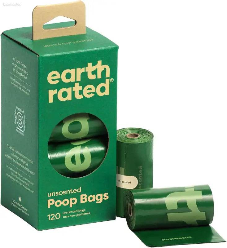 Green box of unscented poop bags with rolls of bags.