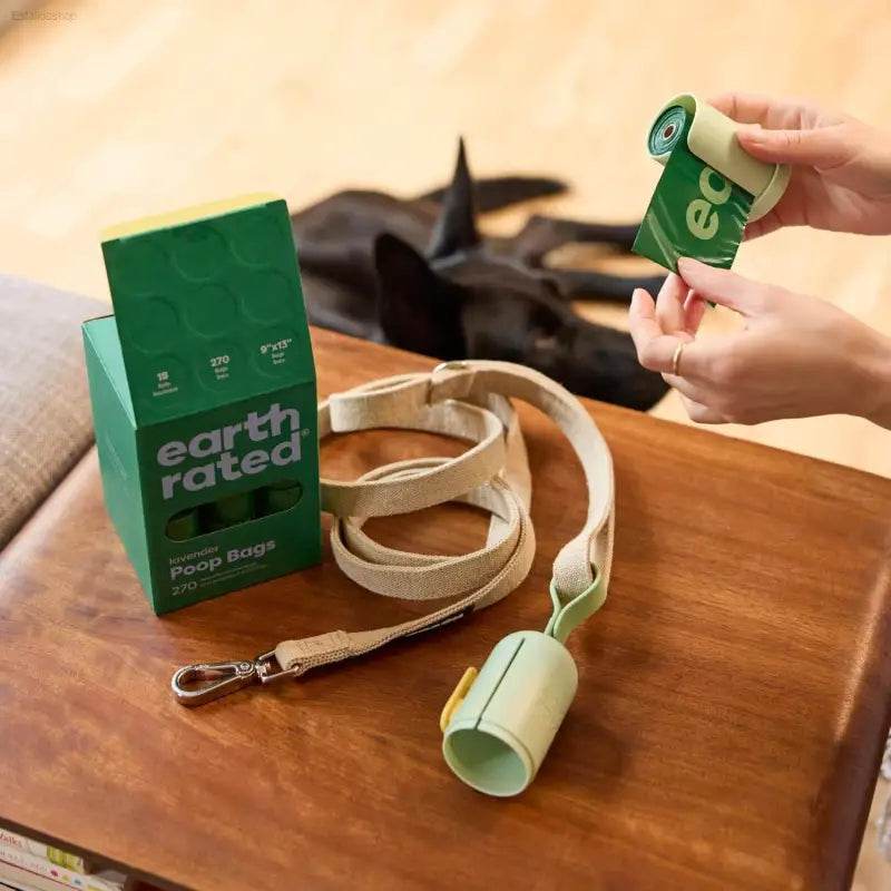 Dog waste bag dispenser and leash.