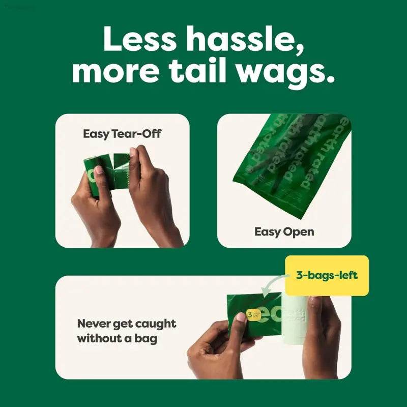 Dog waste bags with easy tear-off and open features.
