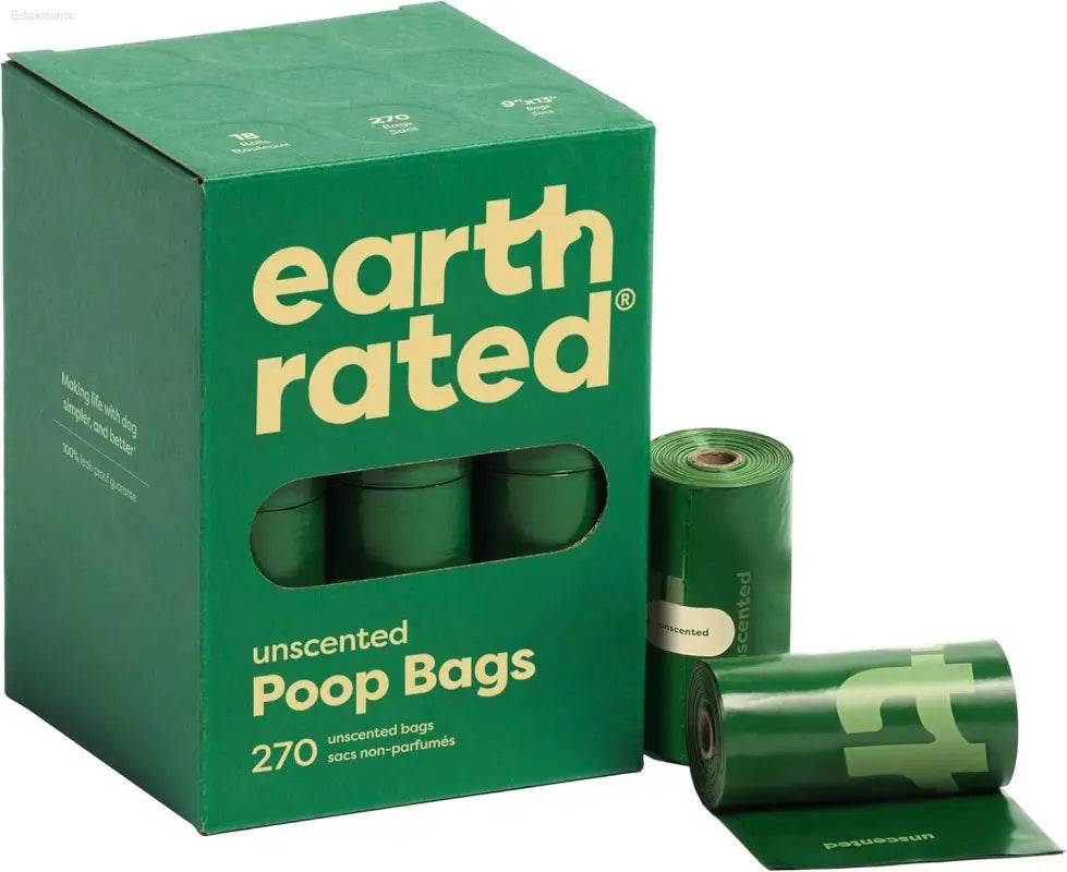 Green box of unscented poop bags with rolls.