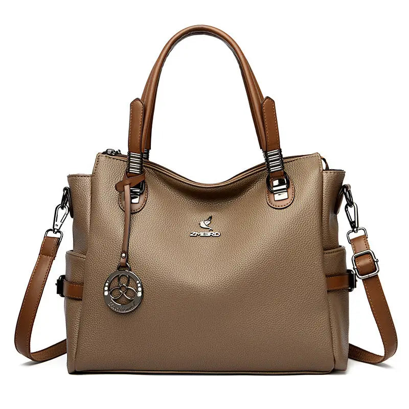 Taupe leather handbag with brown handles, perfect for a Dark Khaki Gift Handbag Card