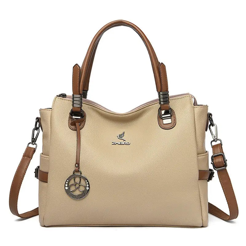 Beige leather handbag with brown handles from the Dark Khaki Gift Handbag Card