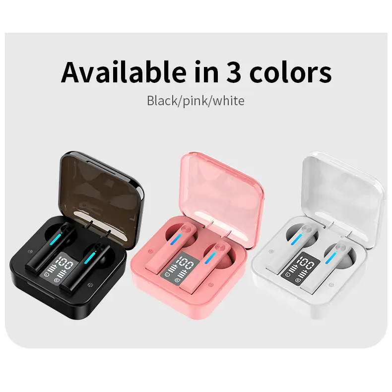 LED Wireless TWS Earbuds in black, pink, and white charging cases for stylish sound