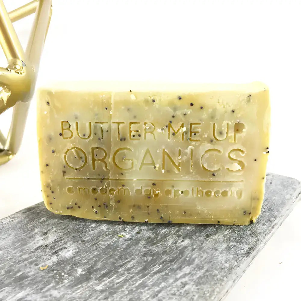 Lemon Poppyseed hand cut soap with a cool texture of poppy seeds in a rectangular bar