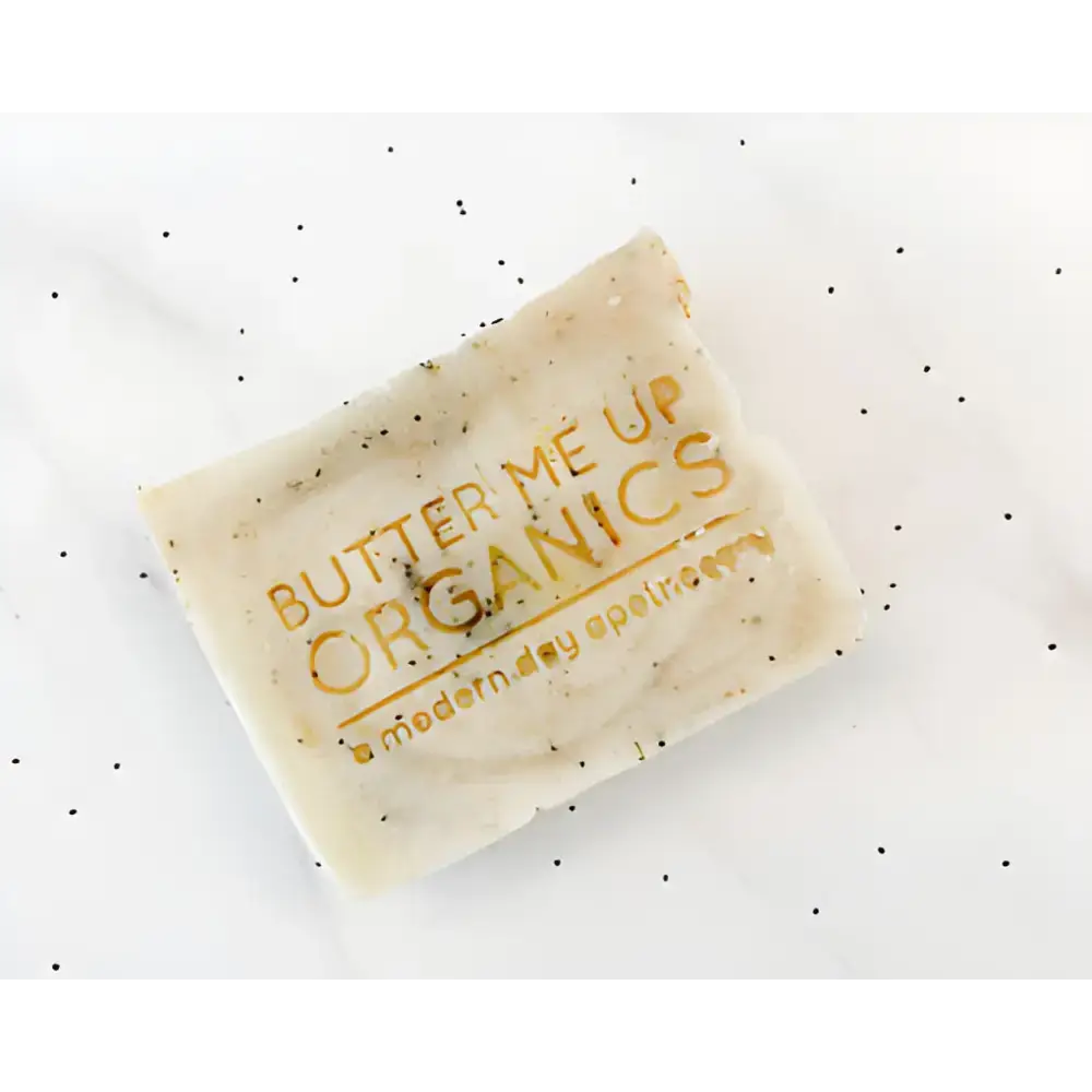 Rectangular bar of Lemon Poppyseed Hand Cut Soap with mustard seeds for added texture