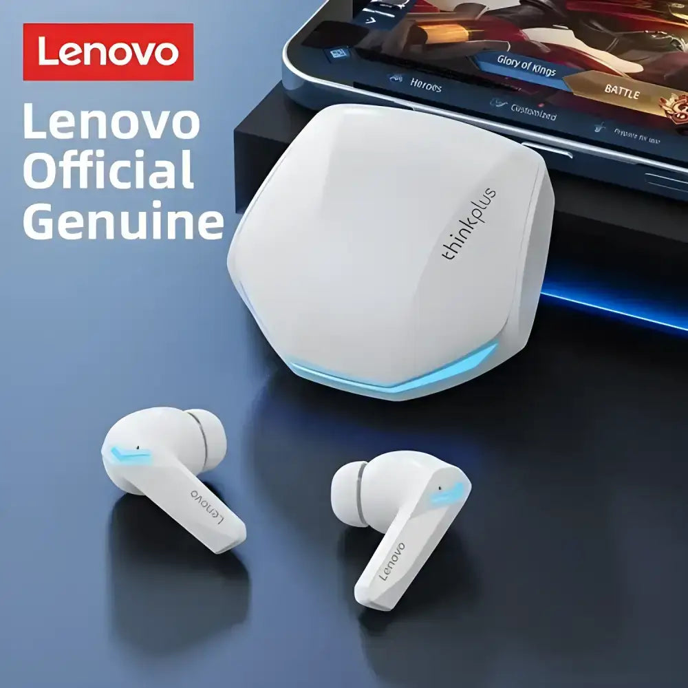 White Lenovo GM2 Pro Sports Headset Wireless Bluetooth earbuds and charging case