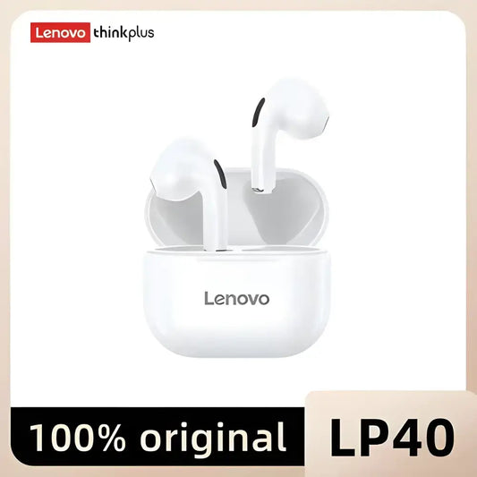 White Lenovo LP40 Bluetooth earbuds offering immersive sound hifi experience