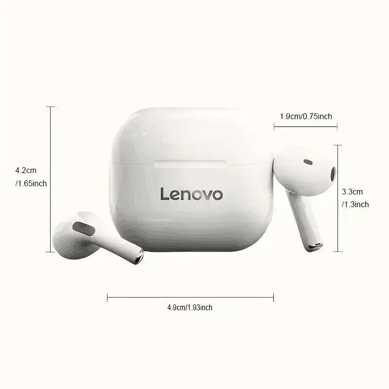 White Lenovo Wireless Earbuds with charging case featuring advanced noise reduction