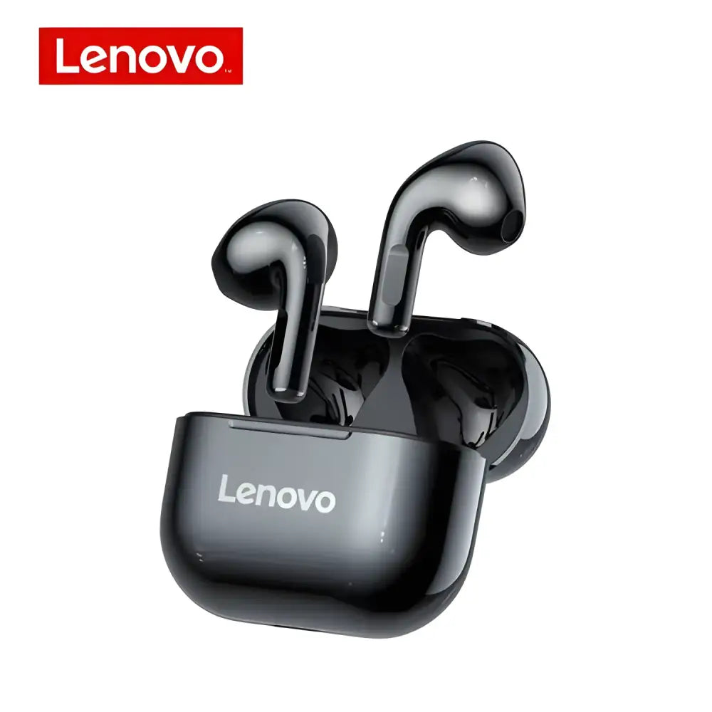 Black Lenovo Wireless Earbuds with charging case, featuring advanced noise reduction and high-quality sound