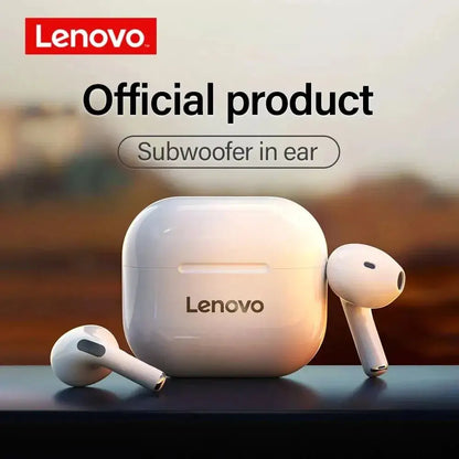 White Lenovo Wireless Earbuds and charging case for high-quality sound and advanced noise reduction