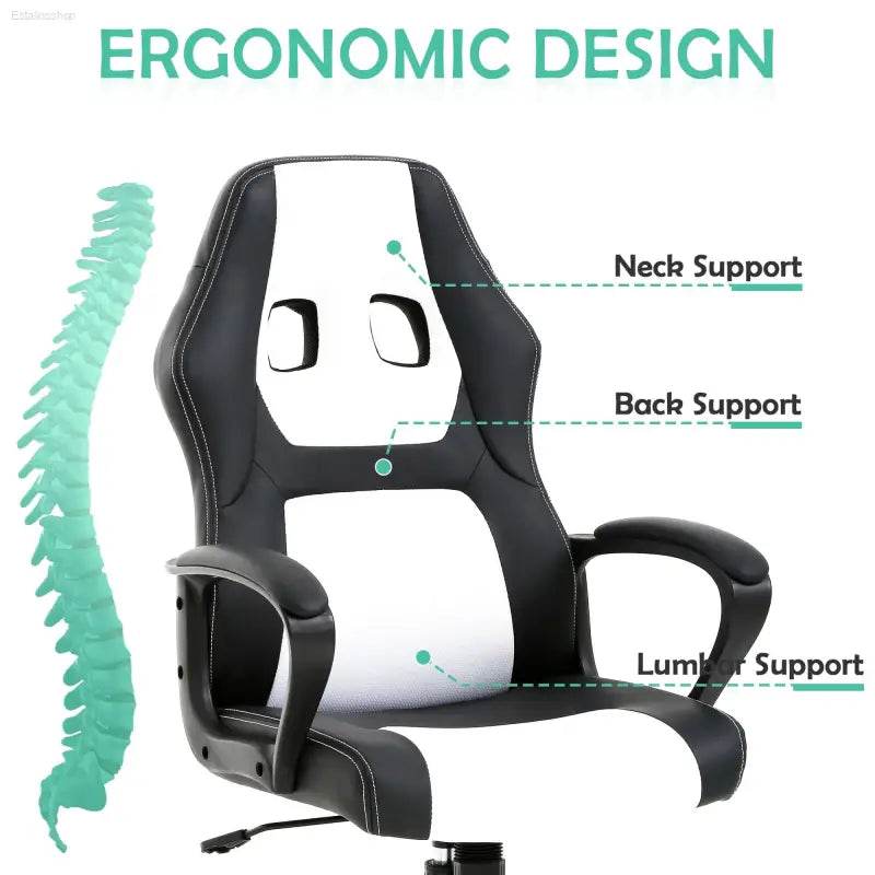 Ergonomic black and white gaming chair.