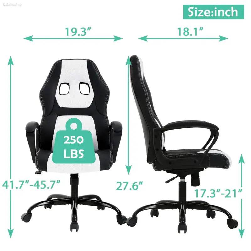 Black and white gaming chair with dimensions.