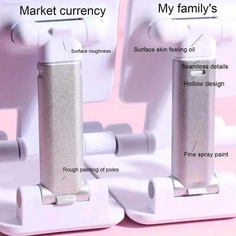 Two adjustable phone stands with contrasting quality descriptions.