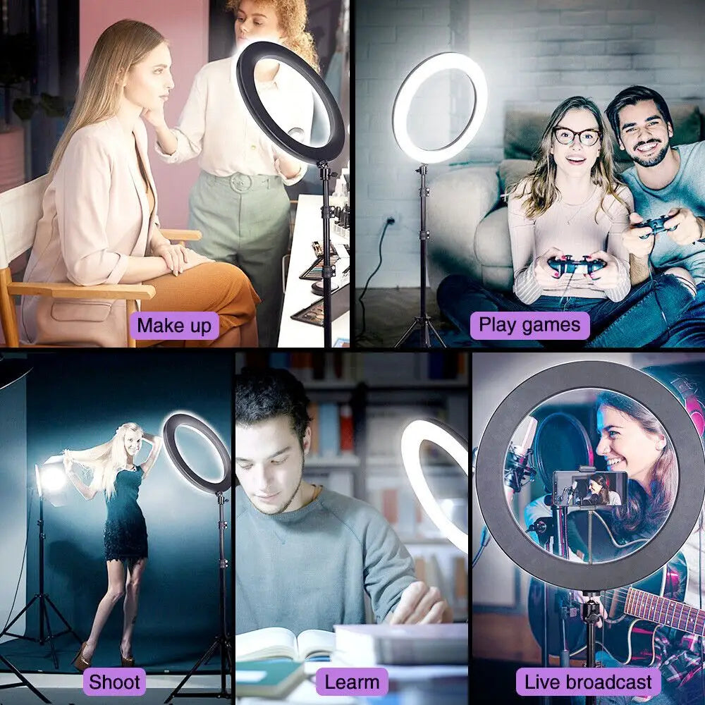 Ring light usage scenarios showcasing the Level Up Your Selfies LED Ring Light Tripod Stand Kit