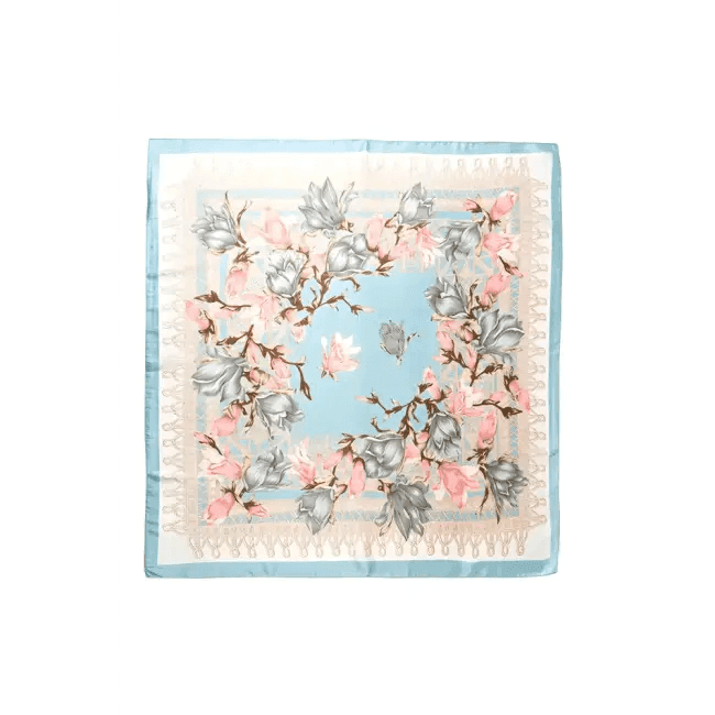 Light Blue Floral Printed Silky Square Scarf for Elegance - Estalios