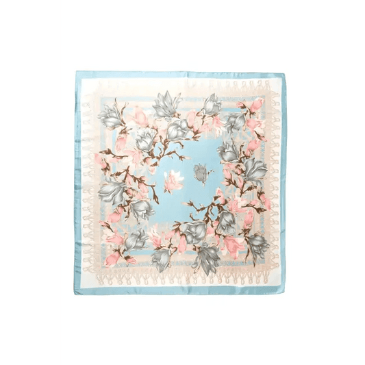 Light Blue Floral Printed Silky Square Scarf for Elegance - Estalios