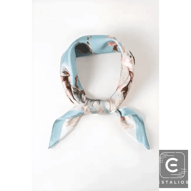 Light Blue Floral Printed Silky Square Scarf for Elegance - Estalios