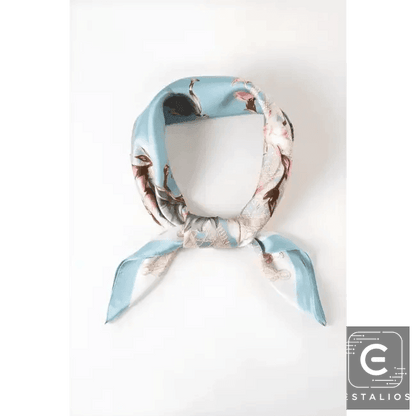 Light Blue Floral Printed Silky Square Scarf for Elegance - Estalios