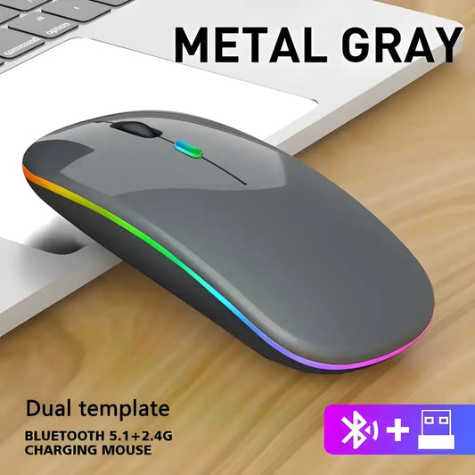 Metal gray Bluetooth RGB rechargeable mouse with vibrant lighting for stylish clicks