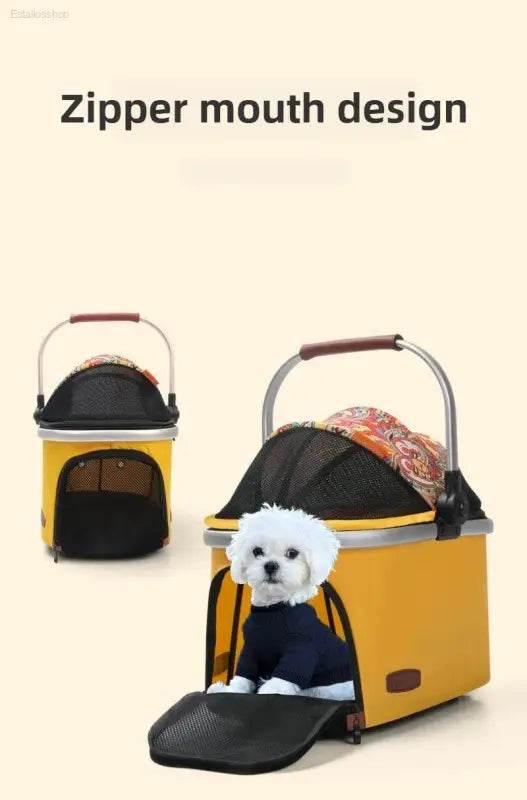 Yellow pet carrier with a zipper mouth design.