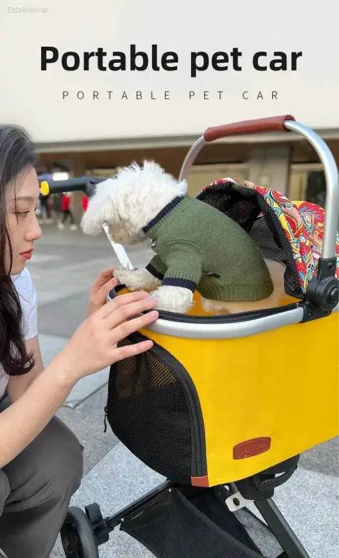 Yellow pet stroller with a dog.